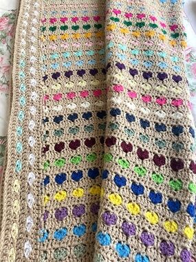 Afghan Blanket w Hearts Multicolored Handmade Crocheted Cottagecore 70x76